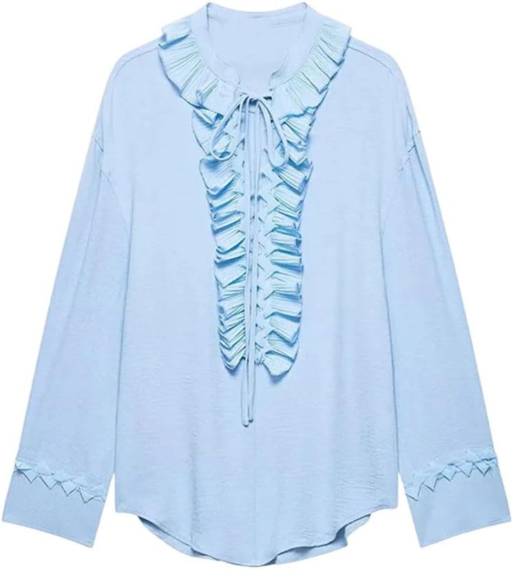 Women's Ruffled Bell Sleeve Chiffon V-Neck Tie Drawstring Shirt