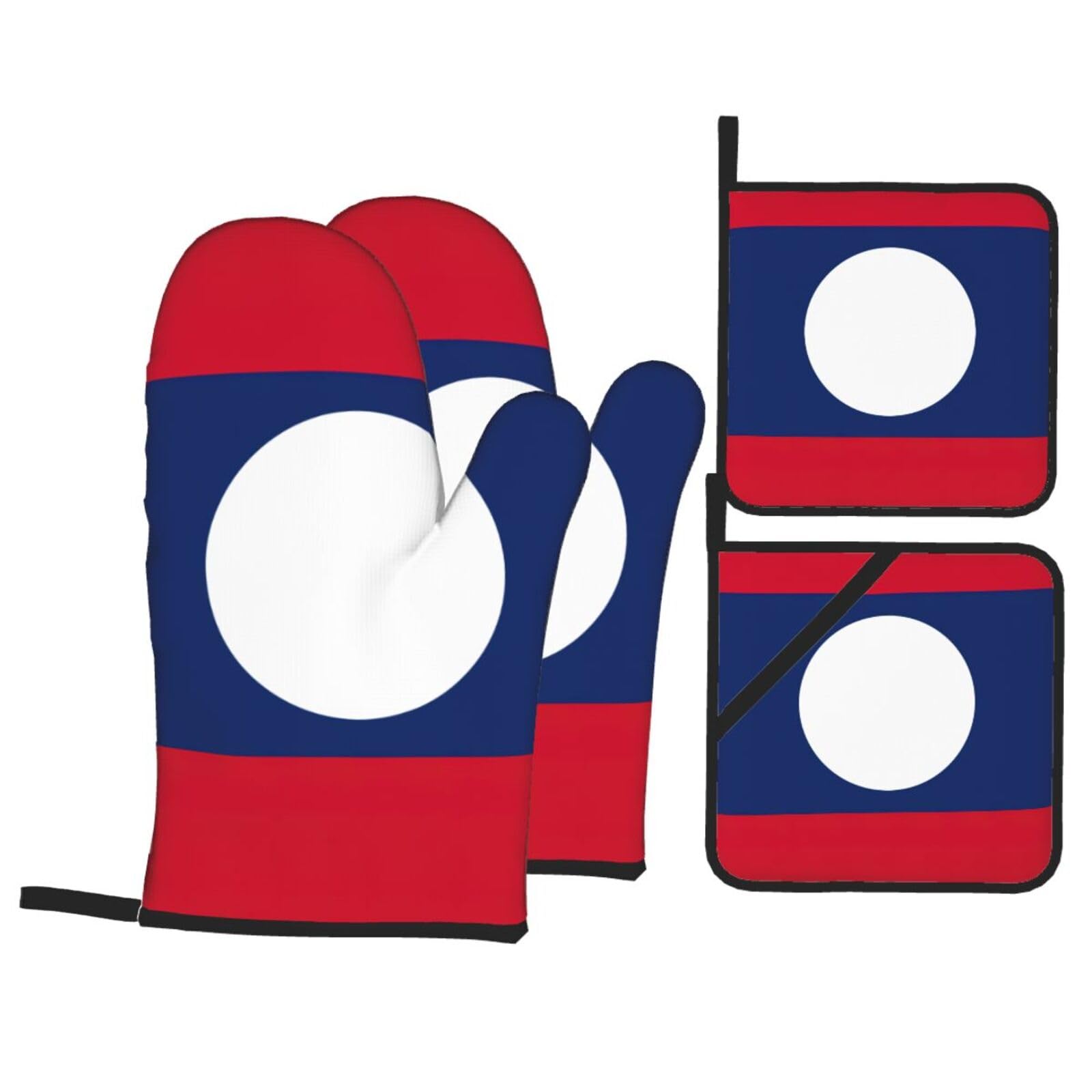 Flag of Laos Print 4-Piece Oven Microwaving Set Kitchen Gloves for Holiday Cooking Baking Grilling