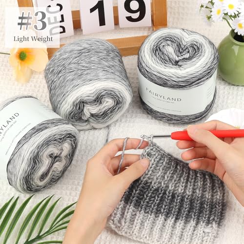 Image of Aeelike Gradient Yarn for Crocheting, 6 Skeins Cake Yarns Fairyland Yarn 100g (3.52 oz) 245m (267 Yards) # 3 Light Weight - Super Soft Ombre Yarns for Making Colorful Crafts, Grey White Gradient