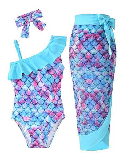 5T Toddler Little Girl Ruffle One Piece Swimsuit Size 5 One Shoulder Mermaid Bathing Suit with Cover Up Skirt Summer Swimwear Beach Wear
