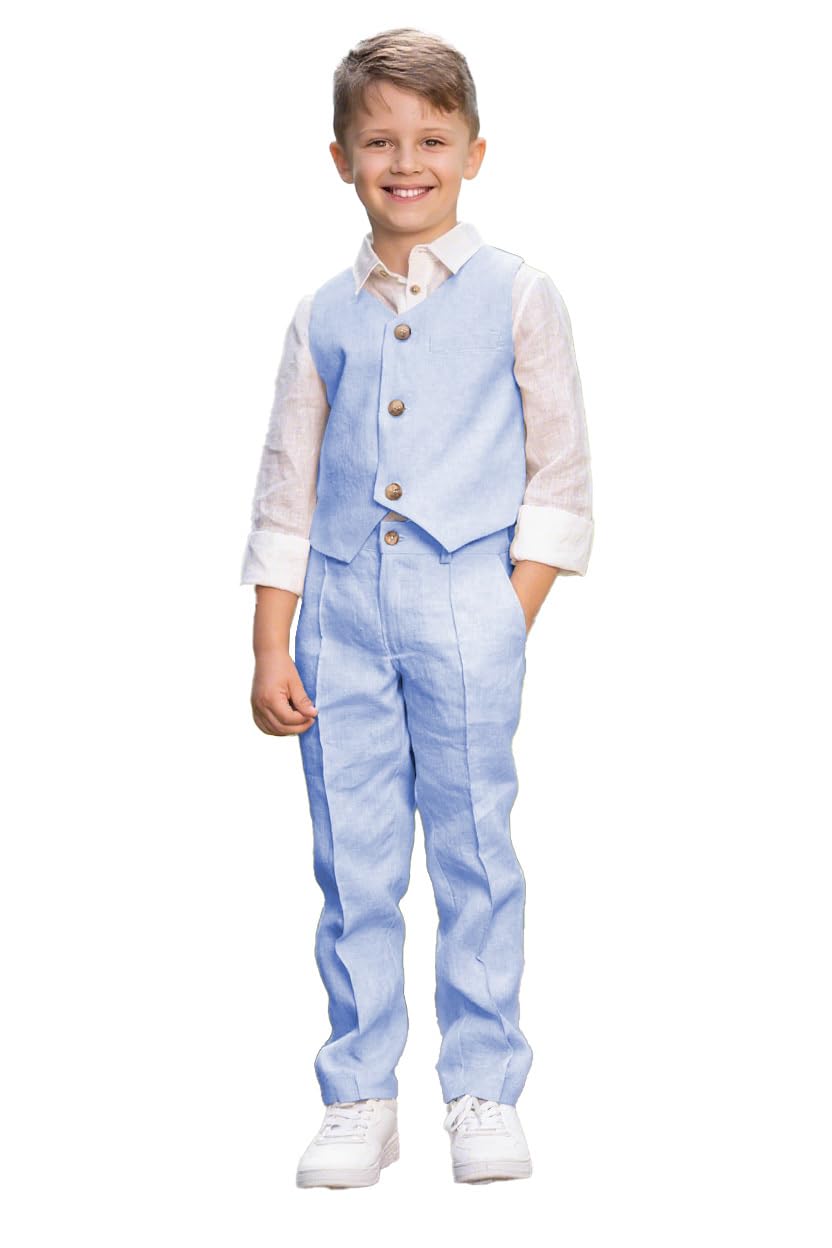 Jungen 2-teiliges Leinenweste, lange Hose, Anzüge für Kleinkinder, Smoking, Set für Teenager, Jungen, Kinder, Hochzeit, Sommer