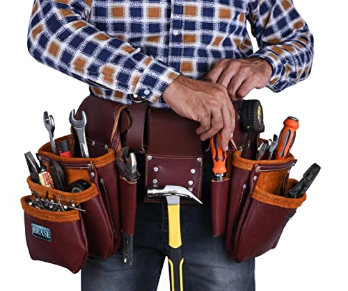 Brase 17 Pocket Leather Tool Belt Bag for Men and Womens Heavy Duty Tool Storage Organiser with Hammer Holder, Adjustable Waist Holder Bag for Professional Work.