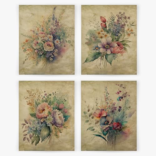 YQDEJ Vintage Floral Bouquet Wall Art Prints Set of 4, Floral Wall Decor, Botanical Wall Decor, Shabby Chic Wildflower Botanical Posters for Cottagecore Home Living Room Bedroom Decor, 8x10 Unframed