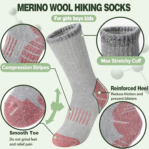 Sandsuced Kids Merino Wool Hiking Socks Girls Boys Toddler Winter Thermal Warm Cozy Boot Thick Cushion Socks 4 Pairs3