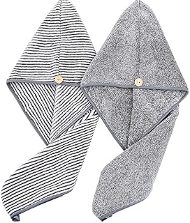 Heacoz Dry Hair Caps 2 Pack Microfiber Hair Towel Wrap for Women, Hair Towel Super Absorbent Hair Drying Towel with Button,Dry Hair Hat Quick Drying Bath Hair CapGrey & Stripe