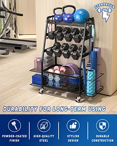 Staransun Weight Rack For Dumbbells - Dumbbell Rack For Home Gym - Home Gym Storage Rack For Dumbbells And Strength Training Equipment - Weight Rack For Home Gym With Side Shelves, Hooks And Wheels #TOP3