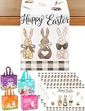 multiWins Easter Table Runner with 4 Table Mats & 4 Gift Bags, Carrots Bunny Happy Easter Spring Table Decor, 13x48 Inch Runner & 12'x18' Mats for Dining Kitchen Home Party Indoor Outdoor Decor