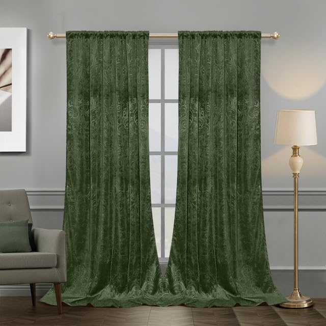 Rosnek Samt Gardinen Vorhang Kräuselband 2er Set, H244 x B132 cm Thermogardine Luxus Vorhang Blickdicht mit Muster, Übergardinen Vorhänge Verdunkelung Barock Deko für Wohnzimmer, Olivgrün