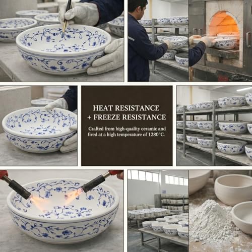 Image of BASSINO 15x15x6 Inches Table Top Washbasin /Premium White-Blue Ceramic Wash Basin /Designer Basin for Bathroom,Home,Hotel /Round Shape Sink /Small Wash Basin(Glossy)