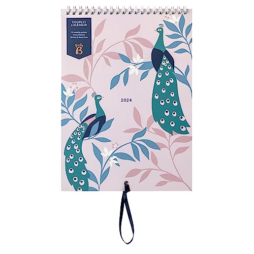 Busy B - Calendario Parejas - Enero a Diciembre 2024 - Peacocks - Planificador anual slim para dos con columnas, bolsillos mensuales y pegatinas