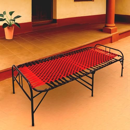 Image of Casa Copenhagen, Portable Single Folding Bed Heavy Duty Metal Cot Khat for Sleeping Bed Space Saving Design Sturdy Synthetic Niwar feet - Red & Charcoal Black