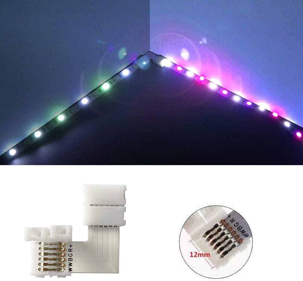 10PCS 6 Pins L Shape Solderless Connector LED Strip Light, RGBWW 12MM Right Angle Corner Solderless Connection for SMD 5050 RGBCCT LED Strip