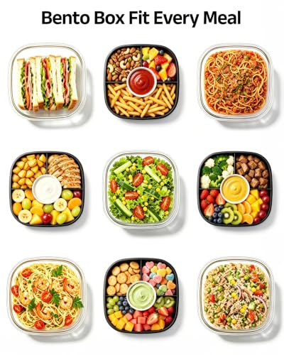Image of Glass Salad Container,56oz Salad Bowl To Go for Lunch with Airtight Lid,Leak-Proof Sauce Container,4-Compartment Bento Tray & Reusable Fork - BPA-Free Glass Lunch Box for Meal Prep,Office(Black)
