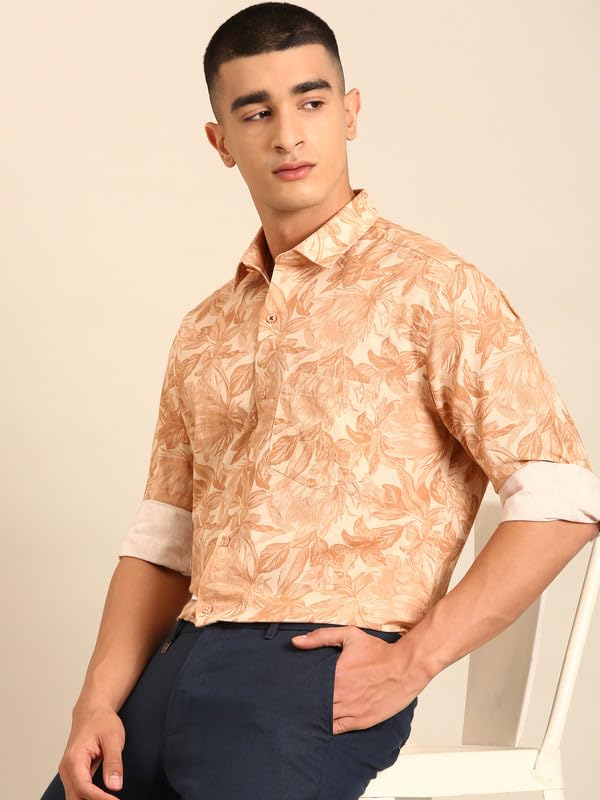 Image of Cavallo by Linen Club Men's Blended Linen Red Printed Contemporary Fit Full Sleeve Casual Shirt