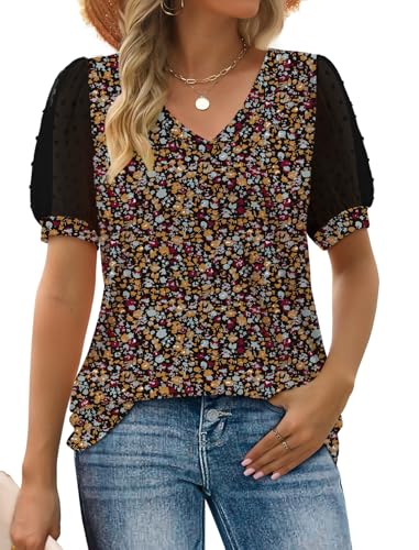 Image of Aokosor Womens Summer Tops V Neck T Shirts Swiss Dot Puff Sleeve Tops Loose Casual Tshirts