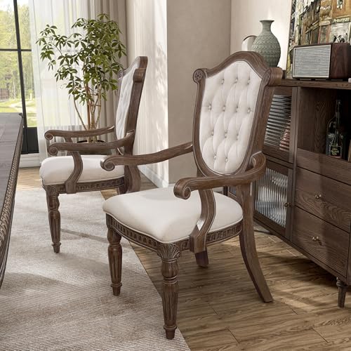 Furniture of America Cassian Traditional Fabric Padded Seat Arm Chair (Set of 2) with Tufted Back and Fluted Front Legs, Durable Frame for Dining Room, Kitchen, Weathered Oak - Thumbnail 4