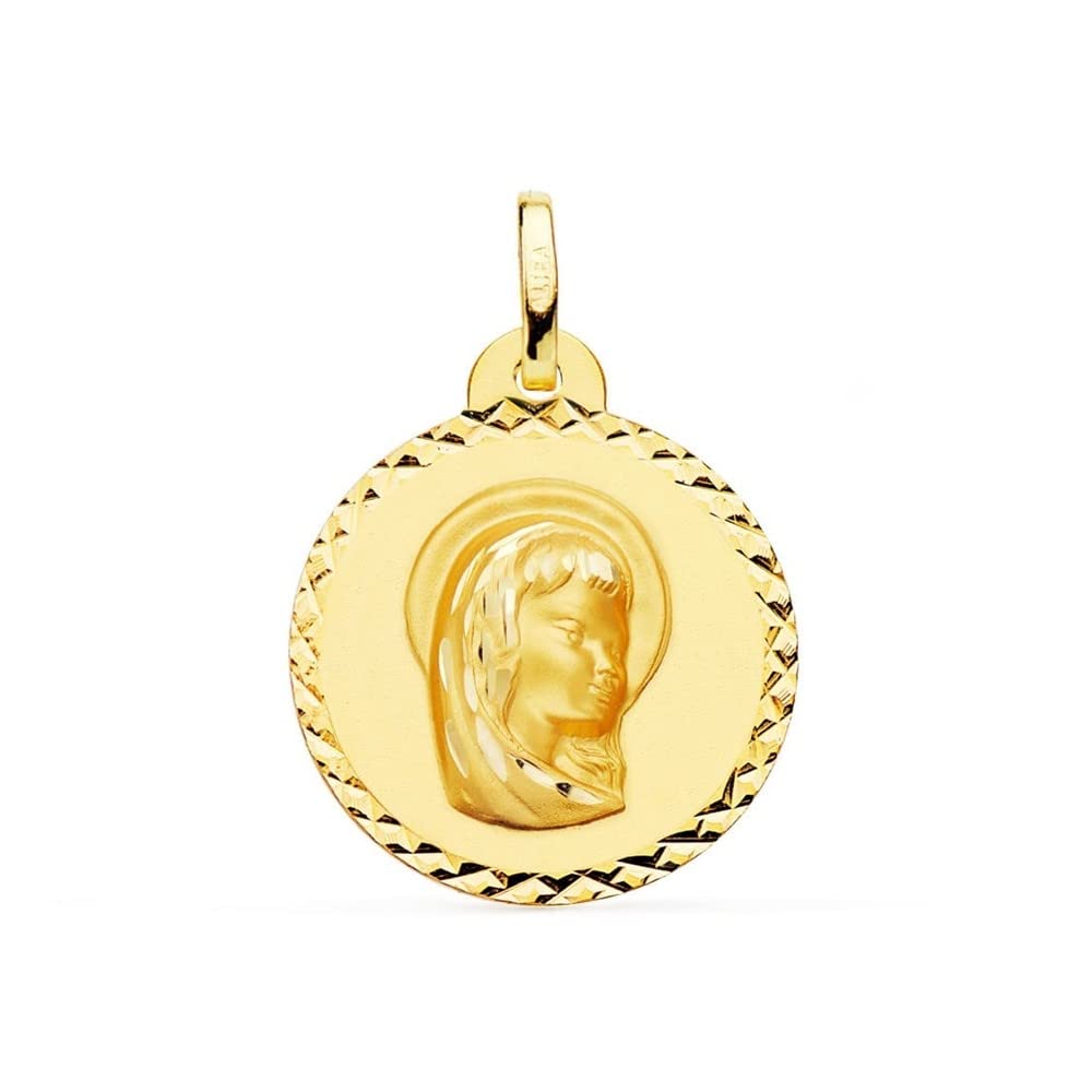 Virgen Niña medalla oro 18k Primera Comunión 20mm. detalles tallados bisel lineas cruzadas