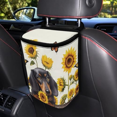 Image of Talayituse Dachshund Sunflower Butterfly Print Car Trash Can with Adjustable Straps, Foldable Car Trash Bag Bin Car Garbage Bag Multipurpose Storage Box for Vehicle Travel Camping Picnicing