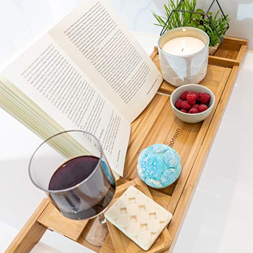 Bath Caddy Tray for Tub: Bamboo Bathtub Tray Caddy Expandable with Wine Glass Holder and Book Stand. Luxury Bubble Bath Accessories & Spa Decor. Self Care Gifts for Women, Birthday Gift for Mom.