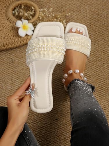 OYOANGLE Women's Pearl Beaded Single Band Square Open Toe Flat Sandals Elegant Casual Leather Slides Slippers2