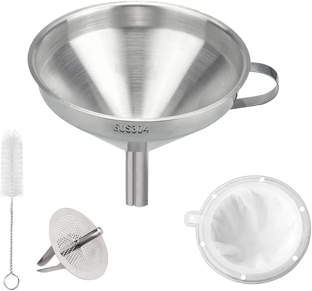 DURANTEY Stainless Steel Funnels Kitchen Funnel with Handle & Detachable Strainer & 300 Mesh Filter & Nylon Brush Strainer Funnel Set Funnel Filter Set for Filter Liquid, Oils,Powder,Jam(13cm/5.1in)