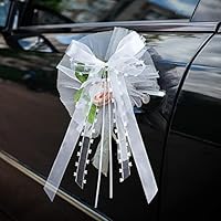 Roplua 50 Stück Übergroße Autoschleifen Hochzeit Schleifen Hochzeit Deko Vintage Antennenschleifen, Weiß Mit Herzen Schleifen Hochzeit Auto Handgemacht Satinband für Hochzeits, (ca. 33 × 16 cm)