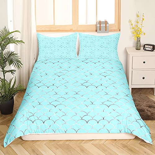Mermaid Scale Duvet Cover Set Summer Gold Fish Scale Bedding Set Luxury Boys Girls Women Decor Metallic Print Mermaid Scale Scallop Polka Dots Ultrasoft Microfiber Comforter Cover, Queen Size, Aqua #TOP23