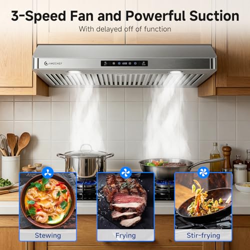Image of 36 inch Under Cabinet Range Hood, 750 CFM Gesture & Touch Control Vent | Stainless Steel hood with Touch /Remote /Gesture Control, timer, LED lights & dishwasher-safe baffle filters 3 outlets