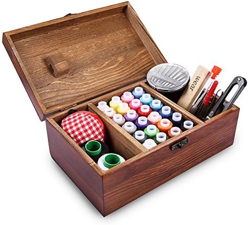 Retrospective Wooden Sewing Box Including Sewing Kit Accessories—Muzee Elegant Retro Style Woody Sewing Organizer Basket