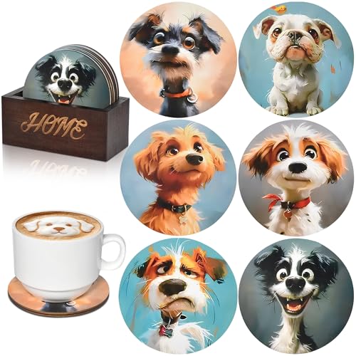 Bar Coaster Set, Drink Coaster for Home Decor, Wood Coffee Coasters 6Pack (Dog)