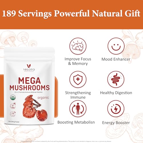 Veloto Organic Mega Mushroom Powder Blend, 10 In 1 Complex Mushroom Extract Powder Herbal Supplement With Reishi thumb #3