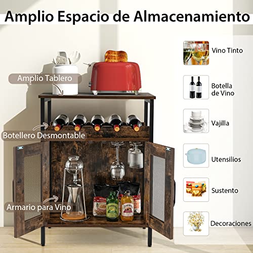 COSTWAY Armario Bar de Vinos, Armario para Licores en Casa con Estante Extraíble para Vinos y Portavasos, Armario Bar de Café con Almacenaje, Aparador Industrial con Puertas para Cocina (Café) - imagen 7