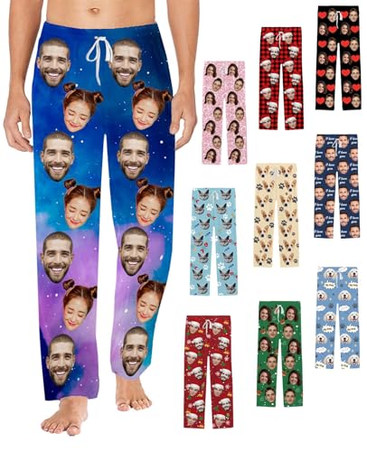 Custom Pajama Pants with Photo Face Personalized Pet Picture Pj Bottoms for Men Women Family Christmas Gifts