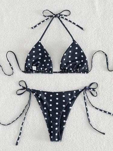 Image of Tainehs Women's Sexy Halter Thong Bikini Tie Two Sides Bottom Triangle Bikini Swimsuits