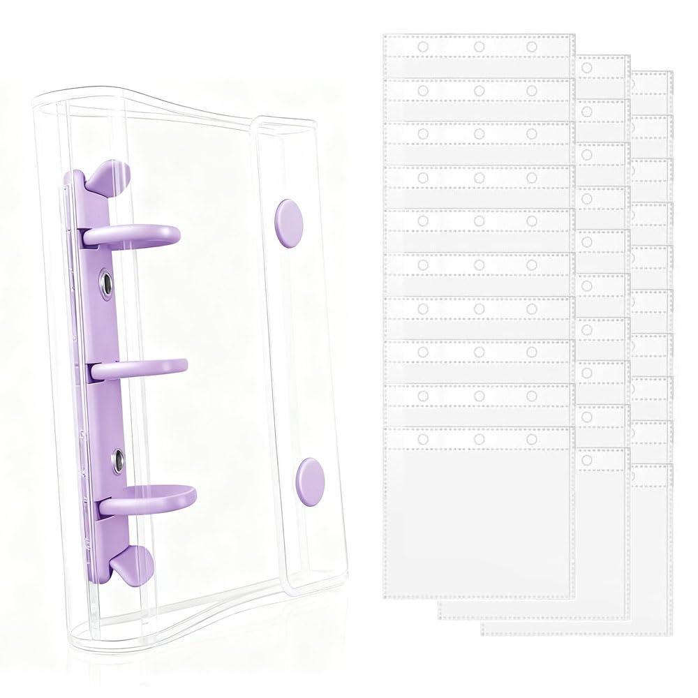 サムコス システム手帳 シール帳 透明 3穴 A8サイズ ノートカバー バインダー PVC製 日記帳 シール収納 バインダー クリアポケット 30枚の透明リフィル付き (パープル, A8)