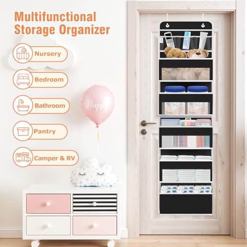 WISELIFE Over the Door Organizer - 6 Shelves Detachable Hanging Bedroom Storage Solution with 5 Large Pockets and 3 PVC Pockets for Dorm Bathroom, Pantry Nursery Baby Essentials (Black) — view 6