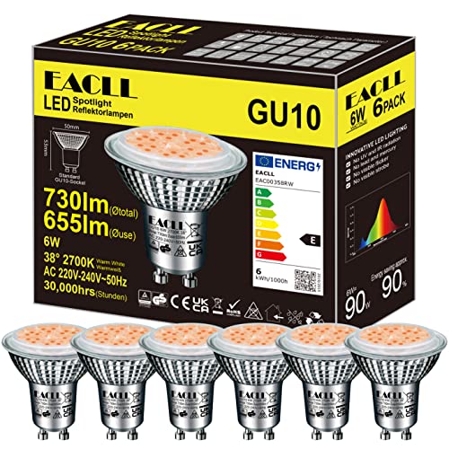 EACLL GU10 LED Warmweiss 6W Ersetzt 90W Halogen Leuchtmittel, 6er-Pack. 655 Lumen 2700K Birnen, AC 230V Flimmerfrei Strahler, Abstrahlwinkel 38° Spot, Nicht Dimmbar Reflektorlampen