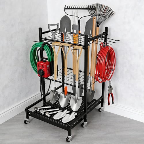 WUDLEP Garden Tool Storage Rack Garden Tool Rack with wheels Black