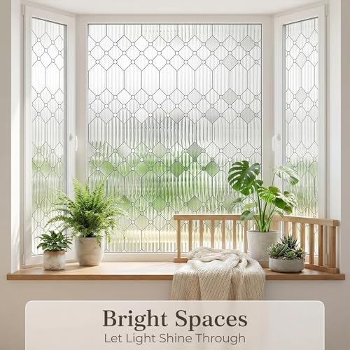 Image of SUNBABY Reeded Glass Window Privacy Film, Decorative Frosted Glass Window Film for Bathroom & Front Door, 3D Static Cling Window Coverings Day and Night Privacy Sun Heat Blocking (17.5 x 118 Inch)