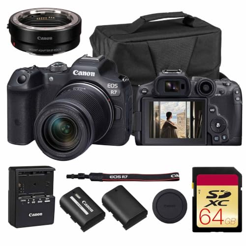Canon EOS R7 Mirrorless Camera with 18-150mm Lens | Speed, Precision, and Versatility for Hybrid Creators (5137C009) + Canon Adapter EF-EOS R + LP-E6P Battery + 64GB Memory Card + More