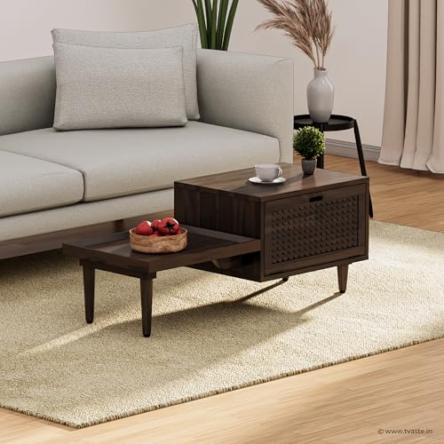 Image of KOVA Solid Sheesham Wood Coffee Table & Centre Table for Living Room with Lift-Down Shutter Storage and Open Side Tray (Wavy, Walnut Finish)