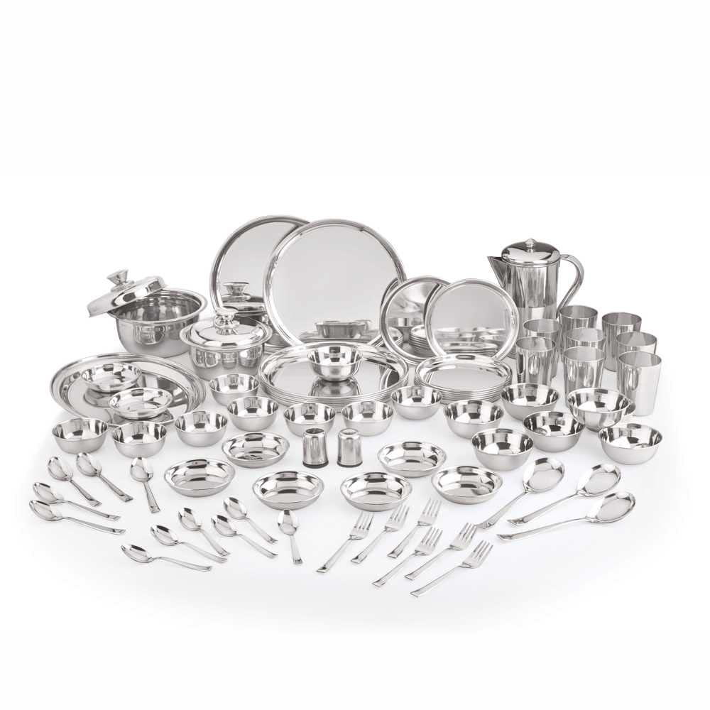 Neelam Stainless Steel Dinner Set, 24 Gauge Premium Quality, 75 Pieces Set, Ideal Gifting Dinner Set, Ideal for Special Occasions Like Anniversary, Wedding, Housewarming Party, Silver