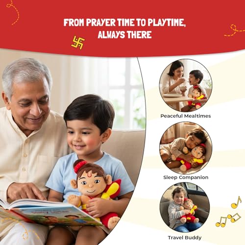 Image of Panda's Box Mantra Chanting Baby Hanuman | As Seen on Shark Tank | Musical Soft Plush Toy | Non-Toxic, Safe| Best Birthday Gift for Newborn Kids (Boys, Girls) | Free Colouring Book | Medium 28 CM