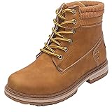 Athlefit Women's Work Waterproof Hiking Combat Boots Lace up Low Heel Booties Ankle Boots Size 6 Camel