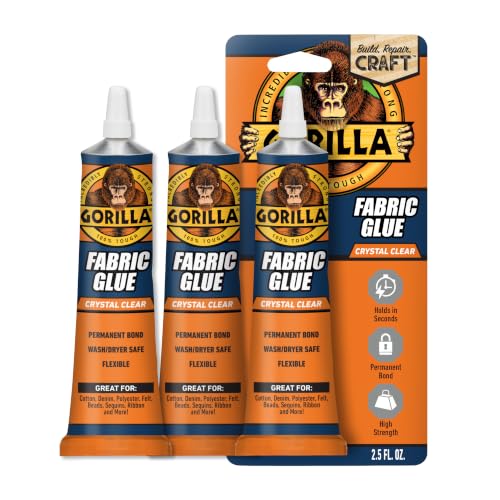 Gorilla Fabric Glue 100% Waterproof No Sew Solution Washer/Dryer Safe Permanent Bond 2.5fl oz/73ml Clear (Pack of 3))