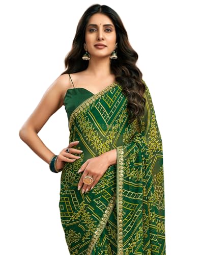 Image of SIRIL Women's Georgette Bandhani Printed Saree, Traditional Wedding Sarees For Women With Unstitched Blouse Piece