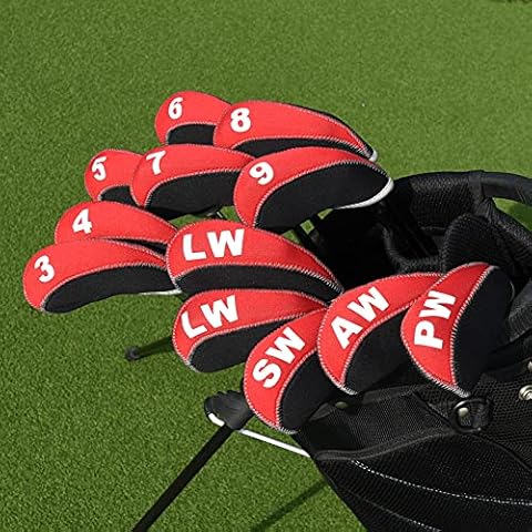BIG TEETH Golf Iron Club Head Covers Men 12Pcs Set for Right-hand 3-9.PW.AW.SW.LW.LW Neoprene Headcovers Protector with Number Tag Gift (Red&Black) Cover