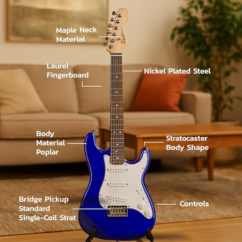 fender squier 34-size kids mini strat electric guitar - blue bundle with amplifier cable tuner strap picks online lessons and austin bazaar instructional dvd