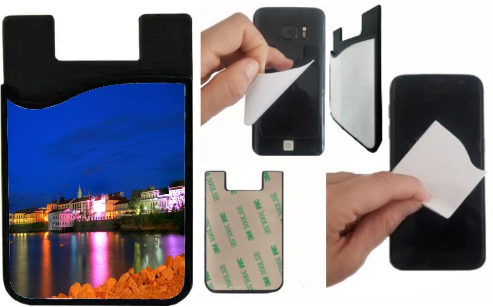Island Gifting Neoprene Stick-on ID Card Holder for iPhone/Galaxy/Google Android Cases Featuring Image of Panama City Casco Viejo in The Sunset