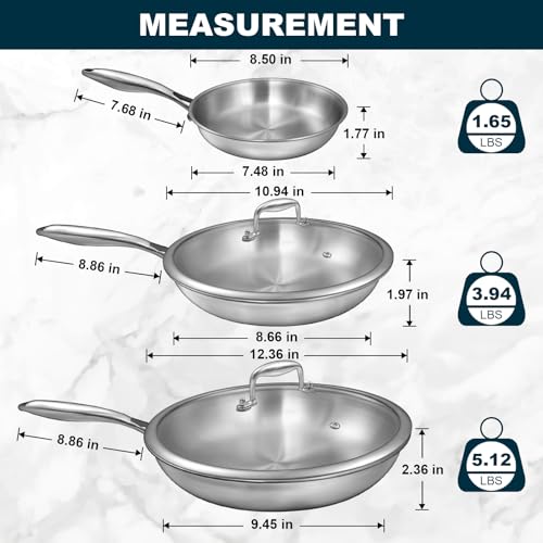 Image of Tri-Ply Stainless Steel Frying Pans Set with Lid, EWFEN 8 inch /10 inch /12 inch Cooking pans, PFOA&PTFE Free Skillet, Induction Cooking Pan, Dishwasher and Oven Safe, Fast & Even Heat, Suitable for All Stove
